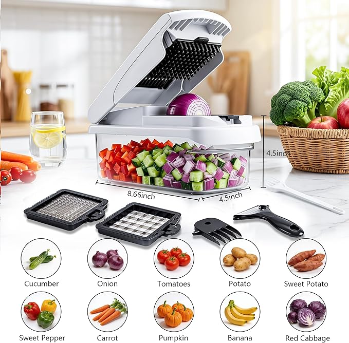 12-in-1 Mandoline Slicer & Vegetable Chopper Pro with Container, Onion Chopper, Potato Cutter, Food Dicer & Grater - Carrot, Garlic, Home Essentials & Gifts (white)