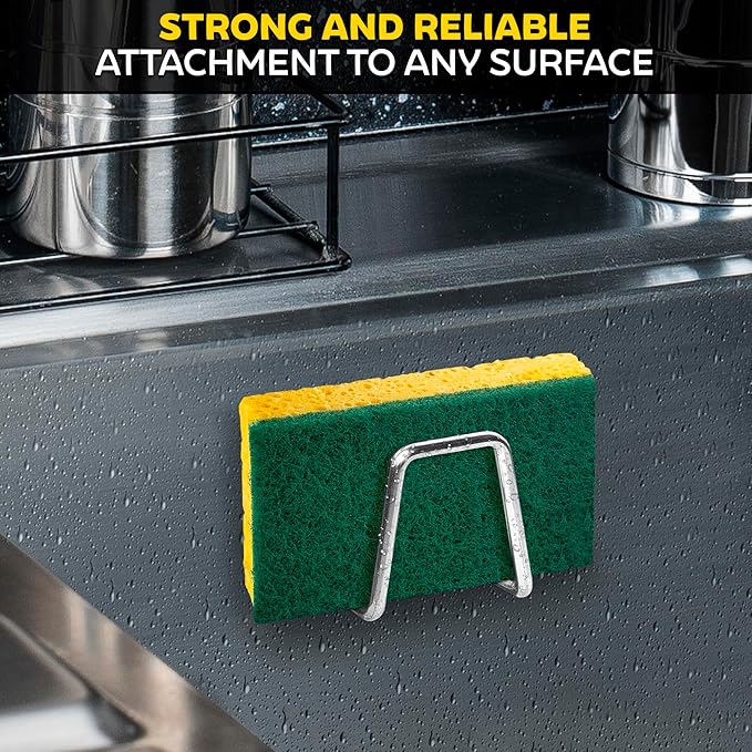 Stainless Steel Sponge Holder for Kitchen Sink, Saves Counter Space – Compact Quick-Dry Kitchen Sink Sponge Holder – Easy Adhesive Install, Rust-Resistant | Fits Metal, Glass, Ceramic, Wood & Tile