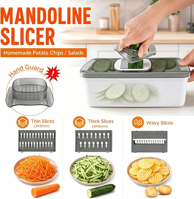 7-in-1 Vegetable Chopper – Mandoline Slicer Dicer with Container, Easy Tap Chop Food Cutter, 7 Interchangeable Blades for Onion Potato Cucumber, Kitchen Essentials Gift