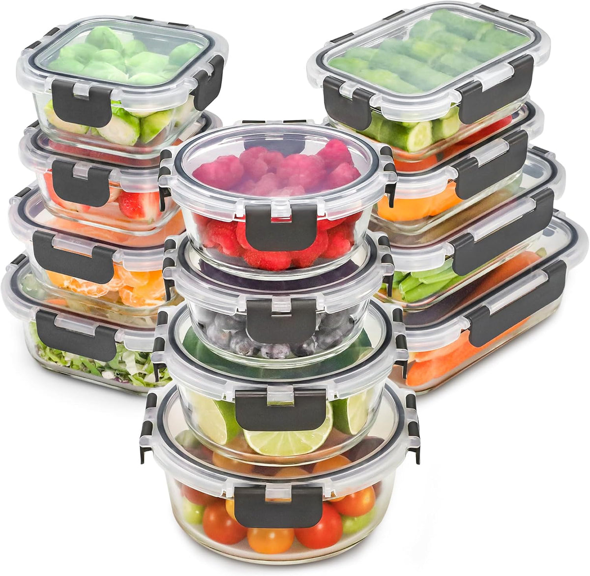Glass Storage Containers with Lids, 24 Pieces, 12 Containers with 12 Lids, Glass Meal Prep Container for Lunch, Food Storage Containers, Leak Proof, Freezer Safe, Gray
