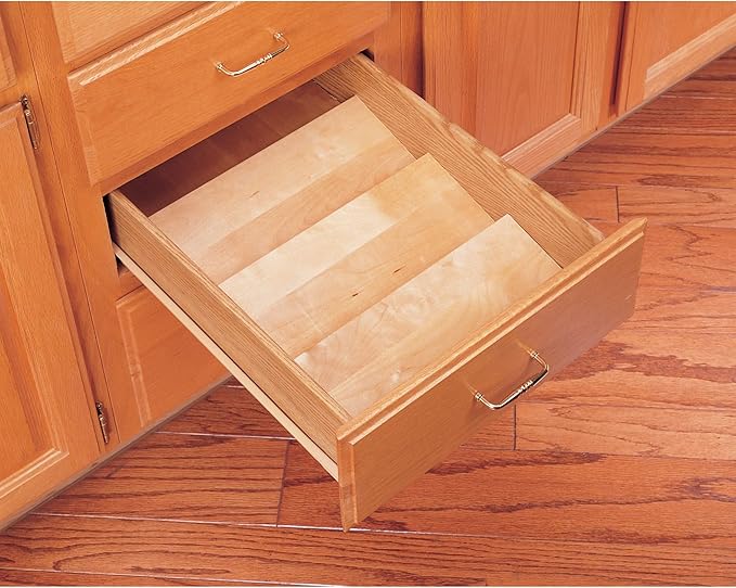 Rev-A-Shelf 3-Tier Wood Trim-to-Custom-Fit Spice Rack Drawer Insert, 16" x 19.75", Maple - Drop-In Seasoning Jars Storage Tray Organizer for Kitchen Cabinet and Pantry Organization, 4SDI-18