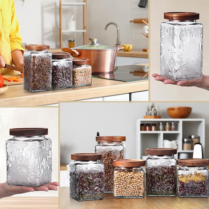 Suclain 5 Pcs Sunflower Vintage Glass Jars with Bamboo Airtight Lid 17/24/34 oz Glass Food Containers Storage for Kitchen Counter Pantry Sugar Flour Coffee Tea Candy Oats Cereal(Square)