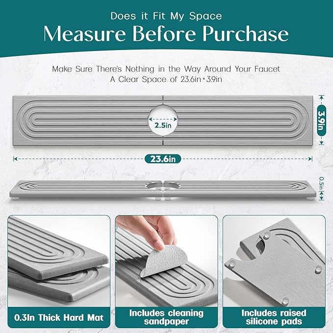 eormoe Kitchen Faucet Absorbent Mat - Diatomaceous Earth Splash Guard for Sink Faucet, Aesthetic Water Absorbing Stone Tray in The Modern Home [Grey, 23.6" x 3.9"]