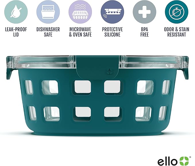 Ello Duraglass Meal Prep Container, 7 cup- Glass Food Storage Container with Silicone Sleeve and Airtight BPA-Free Plastic Lid, Dishwasher, Microwave, and Freezer Safe, Watercress