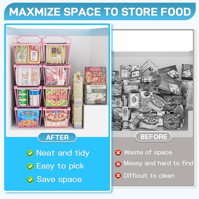 SUNALLY Freezer Organizer Bins, 8 Pack Stackable Chest Freezer Organizer for 5-7 Cu.FT Deep Freezer Sort Frozen Meats and Food, Freezer Storage Baskets with Handles Easy Reach from Bottom, Pink