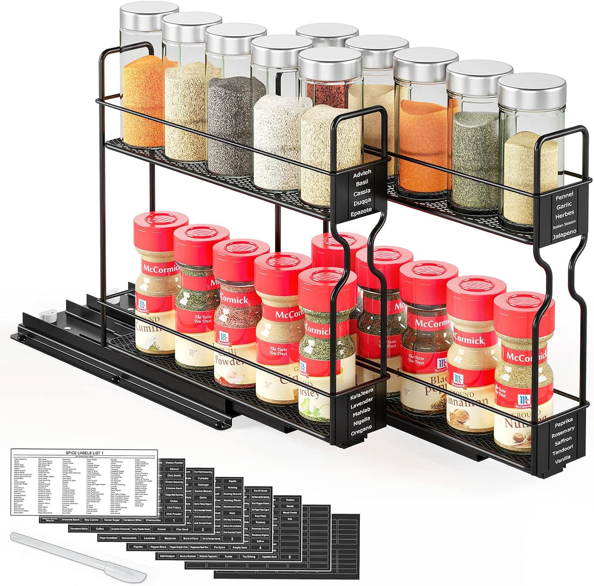 Pull Out Spice Rack Organizer for Cabinet, Heavy Duty Slide Out Seasoning Kitchen Organizer, Cabinet Organizer, with Labels, 5.2" W x10.75 D x10 H, 2 Drawers 2-Tier