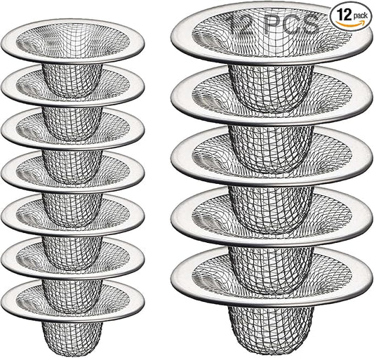 12PCS Stainless Steel Slop Basket Filter Trap, 2.75" & 4.41" Mesh Sink Drain Strainer Screen Bathroom Kitchen, Drain Mesh Basket Cover Hair Catcher for Lavatory RV Shower Floor Utility Drain