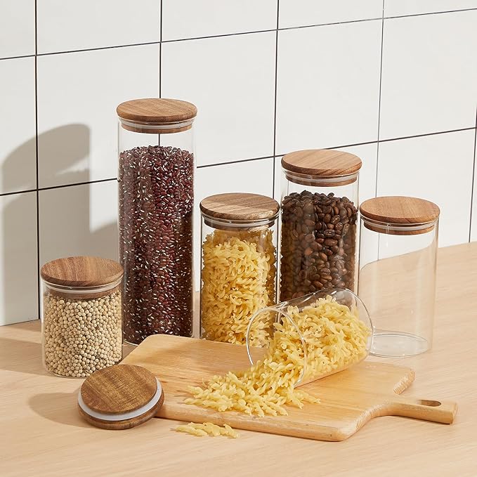 Qinyoung Glass Storage Jars with Wooden Lids, 4 Sizes Food Storage Containers Clear Stackable Canisters Airtight Glass Jars for Candy Cookie (Clear, Dark Brown, 15oz 25oz 34oz 42oz, 24 Pcs)