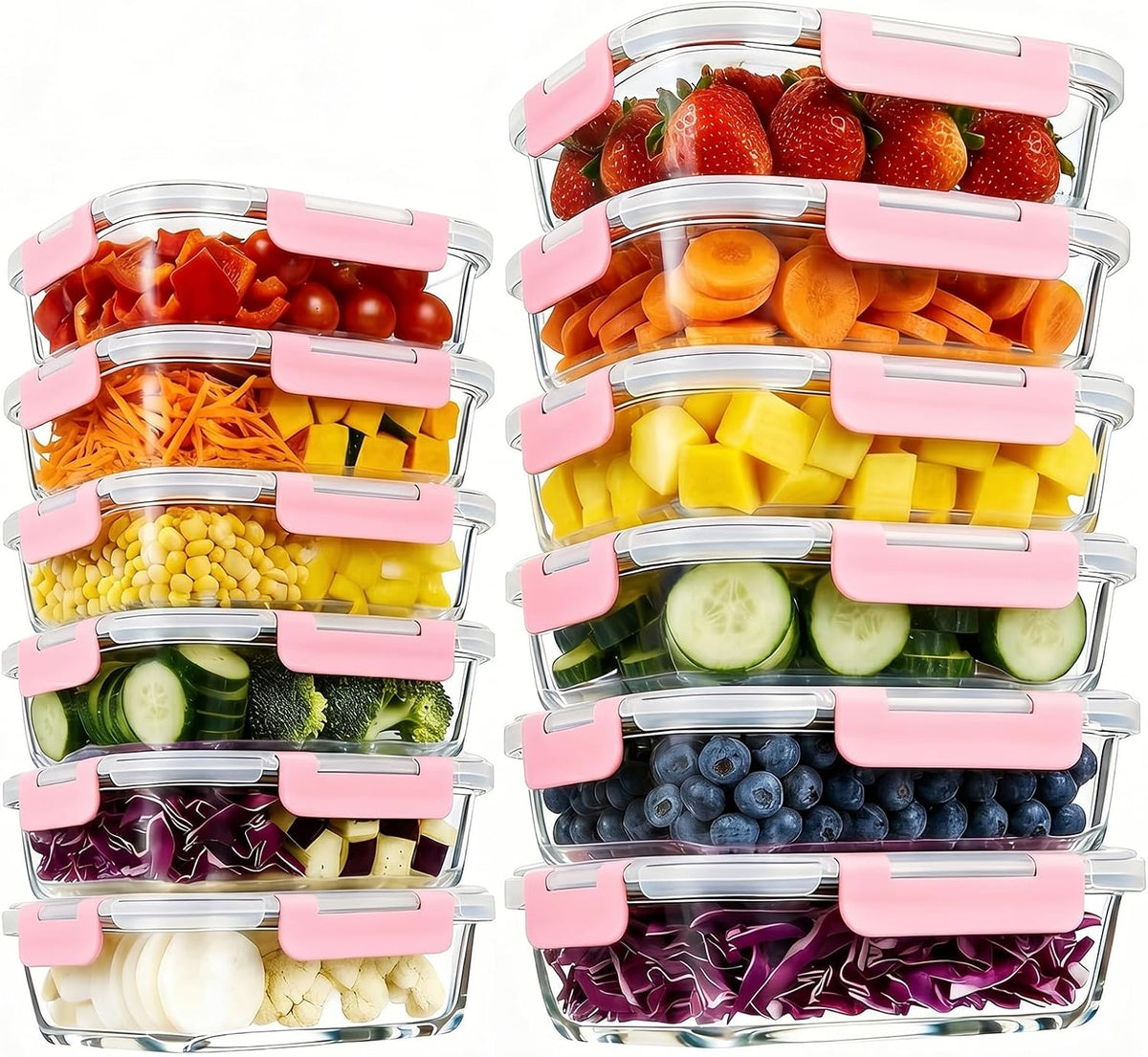 Pink Glass Food Storage Containers with Lids, Meal Prep, 12 Pack