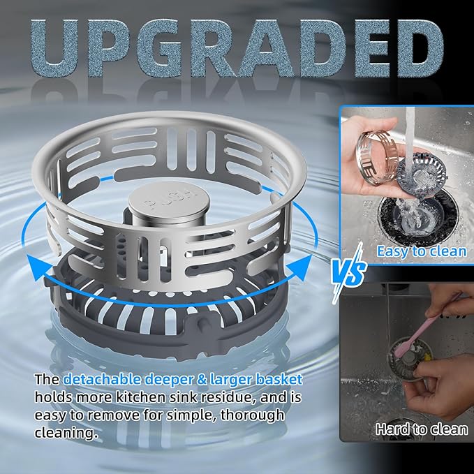 Hibbent Upgraded 2 Pack 3 in 1 Kitchen Sink Drain Strainer, Stainless Steel Pop Up Sink Stopper, Larger Anti-Clogging Basket, 3-Layer Seal, Detachable Plug for US Standard 3-1/2" Drain, Matte Black