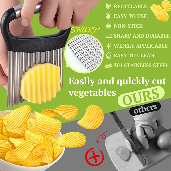 FANTEXY Crinkle Cutter for Veggies, Stainless Steel French Fry Cutter for Potatoes Cucumbers Carrot, Wavy Chopper Waffle Fry Cutter, Black