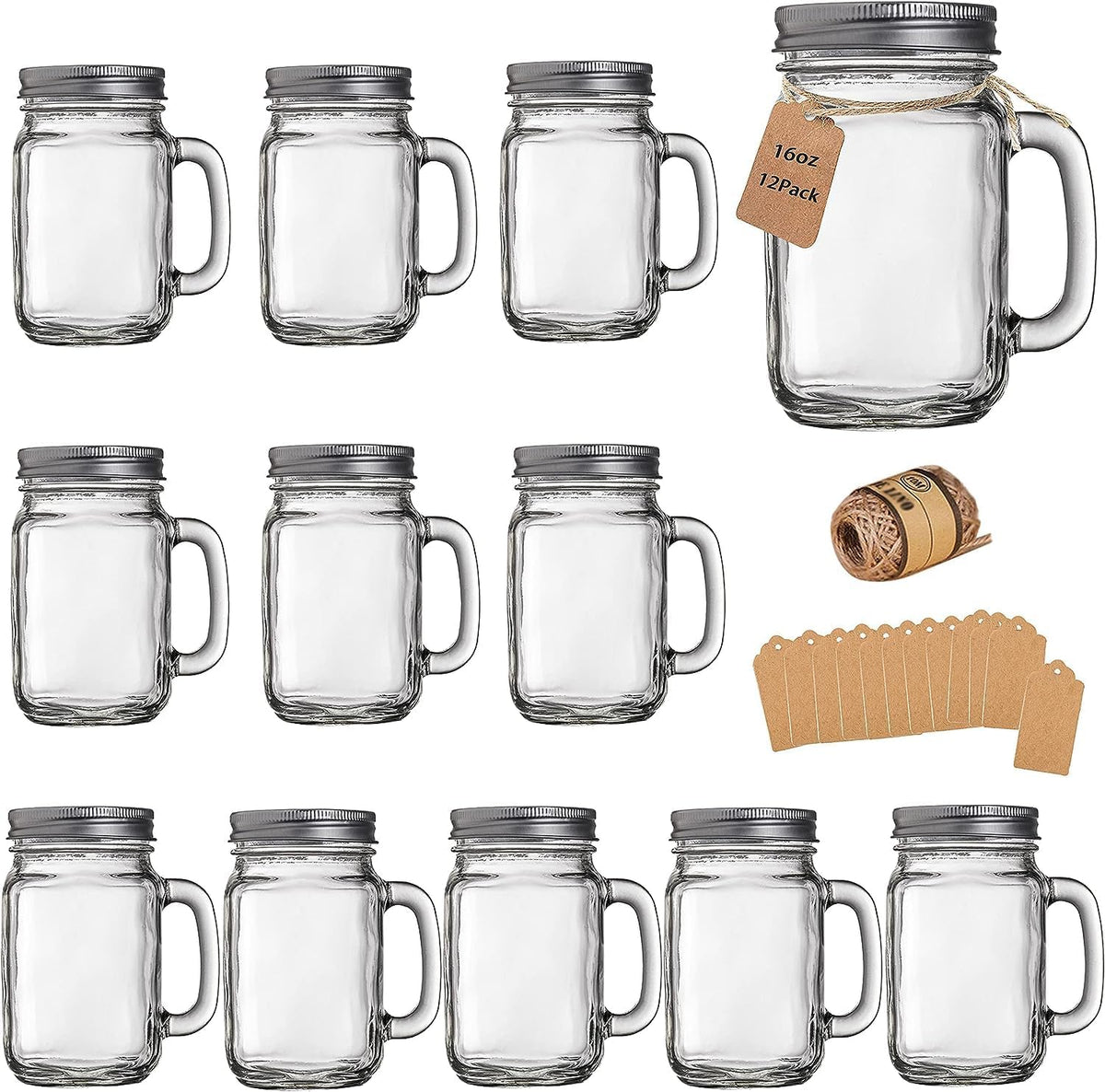 Mason Jar Cups, Mason Jars With Lids & Handle, 16 oz – 12 Pack