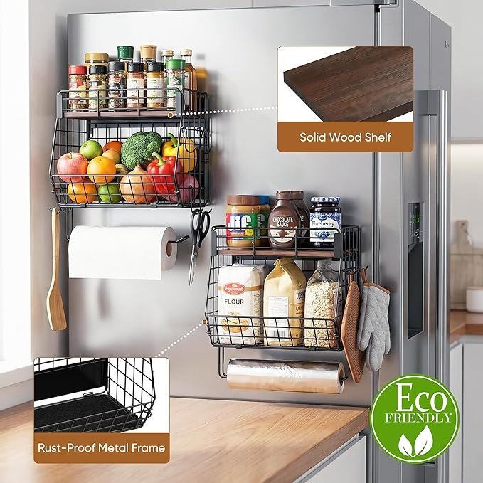 2 Pack Magnetic Spice Rack for Fridge with Paper Towel Holder, Fruit Basket with 4 Hooks for Kitchen Storage and Organizer, Full‑Enclosed Magnetic Shelf 33 lbs for Laundry, Pantry, Coffee Bar and RV