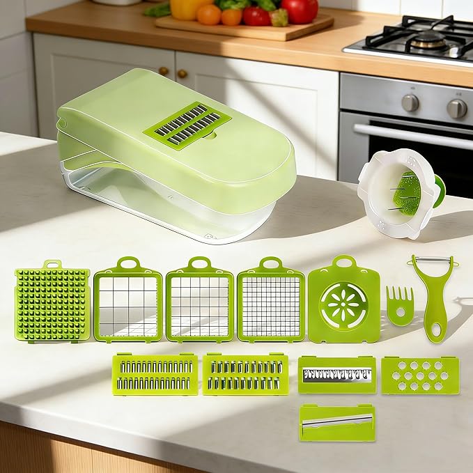 Thalirem 17-in-1 Vegetable Chopper, Mandoline Slicer with Container & 4 Blades - Multi-Function Food Grater for Chopping, Slicing, Dicing Onion, Potato, Cheese - Space Saving Kitchen Gadgets