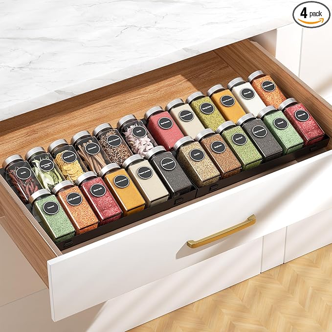 RCHYFEED 4 Tier Spice Drawer Organizer, (Need 3.5" Deep Drawer) 4 Pack Metal Non-Slip Spice Rack for Drawer Free Combination, Adjustable Spice Rack Drawer Insert, Spice Organization for Drawer