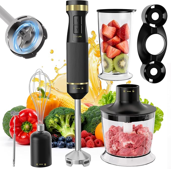 1200W Immersion Blender Handheld, 5-in-1 Variable Speed Emulsifier Hand Blender Stick with Whisk Chopper Milk Frother Mixing Cup and Storage Rack for Kitchen Soup, Purees, Baby Food and Smoothies