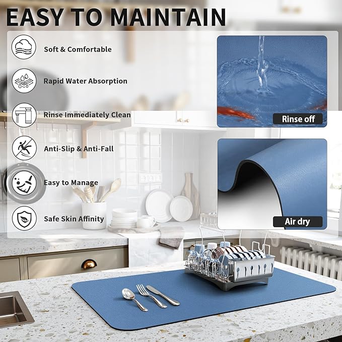 HotLive Dish Drying Mat for Kitchen Counter, Heat Resistant Drainer Mats with Non-slip Rubber Backed, Hide Stain Kitchen Super Absorbent Draining Mat, Easy to Clean Dish Rack Pad, Blue 18"x28"