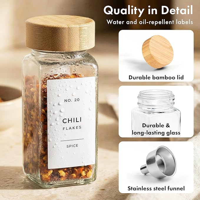 EDELHAUS® Square Spice Jars with Bamboo Wooden Lid (Pack of 36) Spice Jars with Shaker Insert and 240 Labels - Bamboo Lid Glass Container for Spice Organisation [4.3 in × 1.8 in]