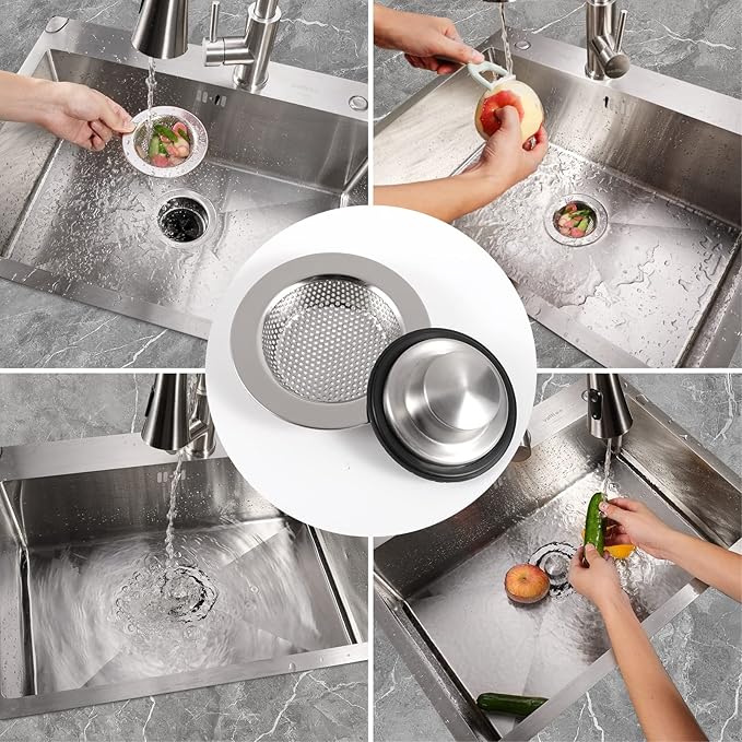 RQYEKDO Kitchen Sink Strainers Sink Stopper Kits, Stainless Steel Sink Drain Strainer Set,Large Wide Rim 4.4" Diameter Food Catcher Garbage Disposal Plug for Most Sink Drains Basket Filter