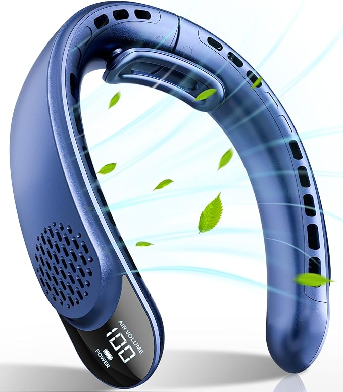 FrSara Portable Neck Fan Rechargeable, Neck Fans that Blow Cold Air, Personal Neck Cooler with 4000mAh, LED Display, 3 Speeds, USB TYPE-C, Ideal Gift for Women, Travel, Men, Sports, Denim