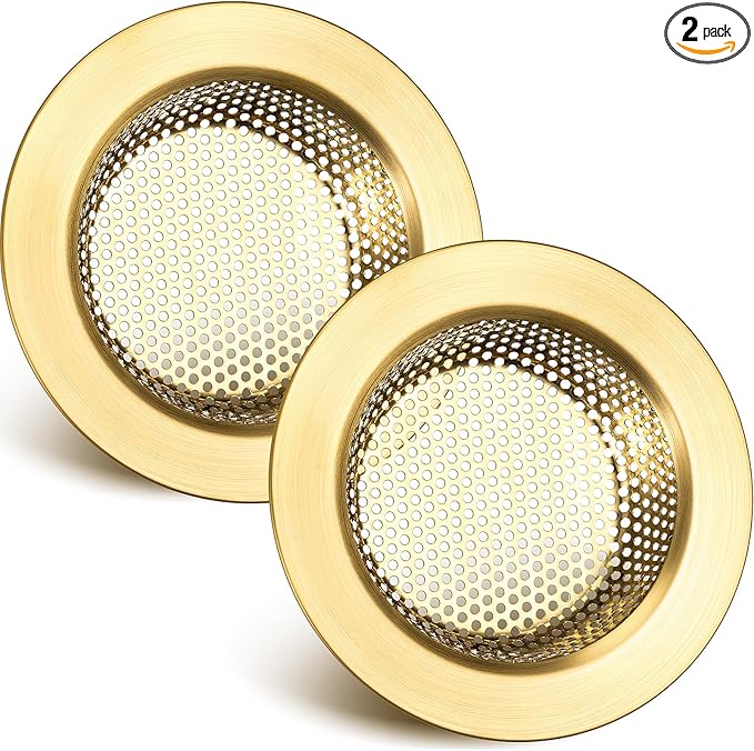 Retisee 2 Pcs Sink Strainer Stainless Steel Kitchen Sink Drain Strainer Basket Cover Mesh Hair Food Catcher, Large Wide Rim of 4.4 Diameter(Brushed Gold)