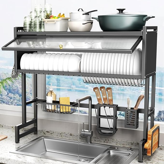 Over The Sink Dish Drainer Drying Rack 3 Tiers with Cover, Keep Kitchen Sink Shlef Organized Space-Saving Dish Drying Rack, Large Stainless Steel Sink Dish Rack for Dishes, Bowls, Cutlery (37.4"w)