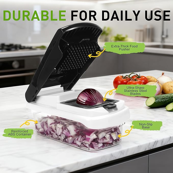 Mandoline Slicer for Kitchen, Vegetable Chopper & Dicer, Professional Food Slicer with Stainless Steel Blades, Safe Veggie Chopper for Onion Potato Carrot Fruit, Easy to Clean