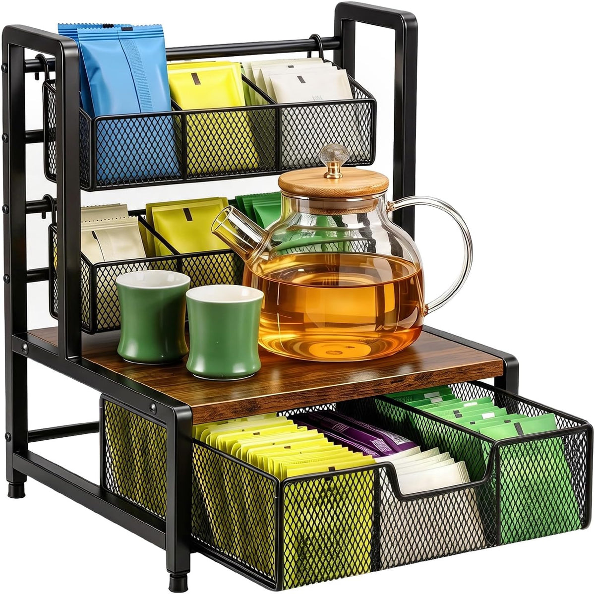 Tea Bag Organizer 3 Tier Wood Tea Organizers and Storage Drawer