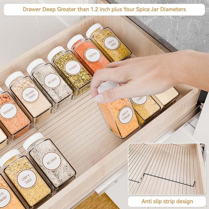 Yieach 4 Pack Adjustable Narrow In Drawer Spice Organizer - Expandable From 9'' to 17.7'' - Acrylic Drawer Seasoning Organizer,Clear Spice Drawer Insert Tray for Drawers Condiment,Jar Organization