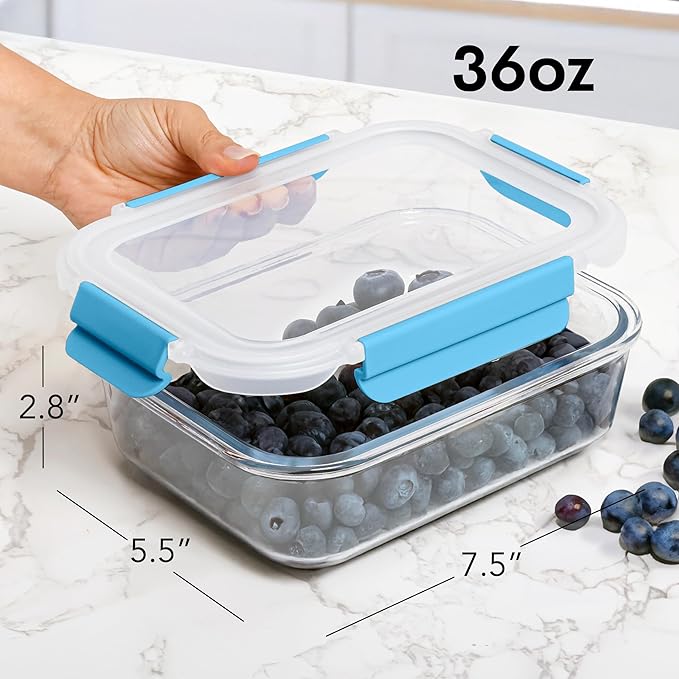 ECOBERI Glass Meal Prep Containers with Silicone Sleeves, 3 Piece 4.5 Cup Set, Borosilicate Glass Food Storage with Leak-Resistant Lids, Oven, Microwave, Freezer and Dishwasher Safe