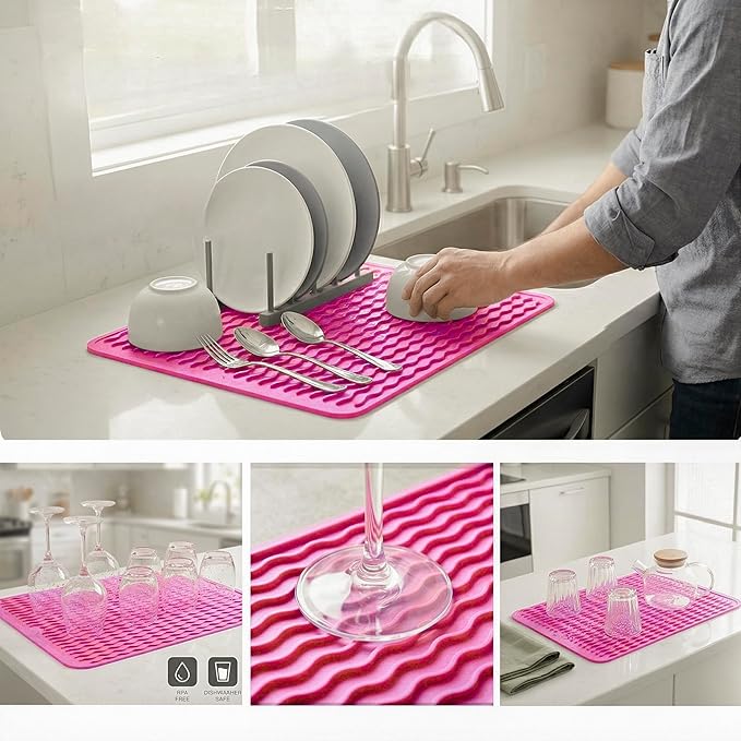 MicoYang Silicone Dish Drying Mat - Quick-Dry Raised Ridges, Dishwasher Safe, Heat Resistant 450°F, Roll-Up (Rose, 16x12 in)