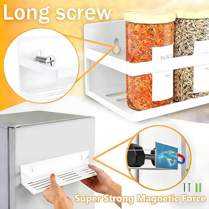 SMRCAD Magnetic Spice Rack for Refrigerator, 4pack Magnetic Shelf for Fridge Space Saving Seasoning Organizer for Any Metal Surface No Drilling Needed (WHITE -cut out, 4pack)