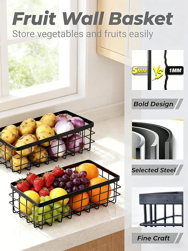 2PCS Hanging Wire Storage Baskets, Metal Wall Organizer, Adhesive Wall Storage Shelves for Kitchen, Bathroom Pantry (Spice Rack, Cabinet Organizer, Shower Caddy) Black-M+L