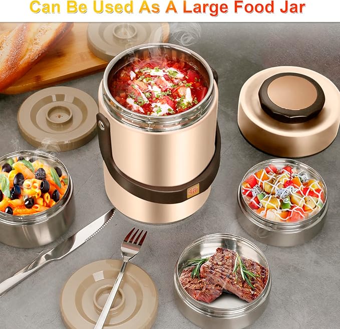 Pawovdeq 67 oz Adults Stainless Steel Vacuum Insulated Wide Mouth Soup Food Thermo Hot Food Jar with Keep Thermal Portable 3 Tier Stackable Bento Hot Food Containers Lunch Boxes (67 oz Gold)