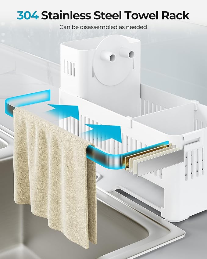 Nieifi Sponge Holder for Kitchen Sink, Sink Caddy with Towel Rack, Dish Sponge Holder, Brush Holder for Kitchen Sink Organizer Storage, White