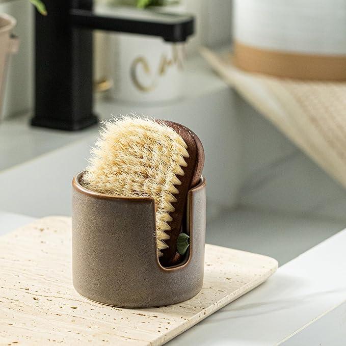 Zoeeker Ceramic Sponge Holder for Kitchen Sink, Dish Sponge Caddy Scrubby Caddy Drying Rack Kitchen Organizer for Countertop, Farmhouse Decor, Dark Agate Red