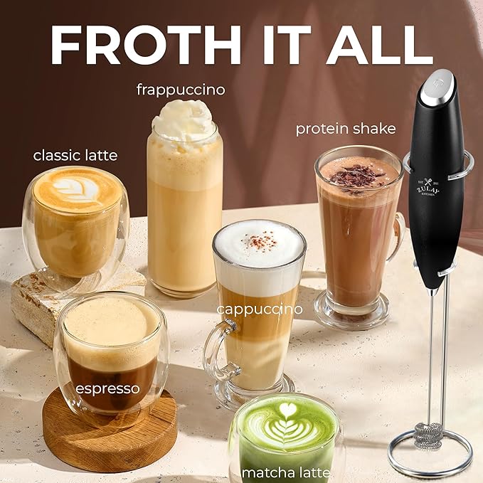 Zulay Kitchen Powerful Milk Frother Wand With Duracell Batteries - Ultra Fast Handheld Drink Mixer - Electric Whisk Foam Maker for Coffee, Lattes, Cappuccino & Matcha - Triple Whisk - Quartz Obsidian