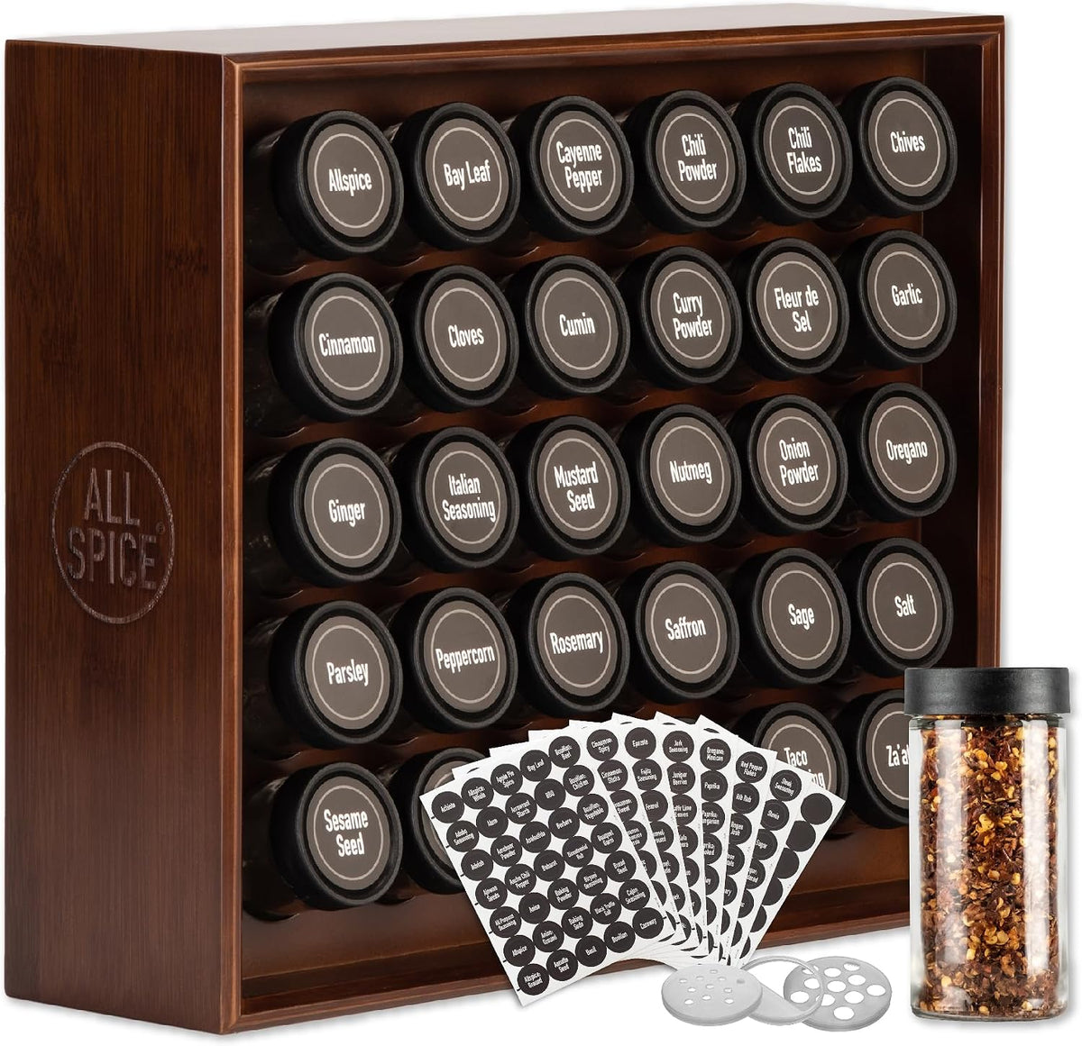 Spice Rack Organizer, Wood, 525 Unique Labels, Countertop or Wall Mount, Includes 30 4oz Jars- Walnut Stain