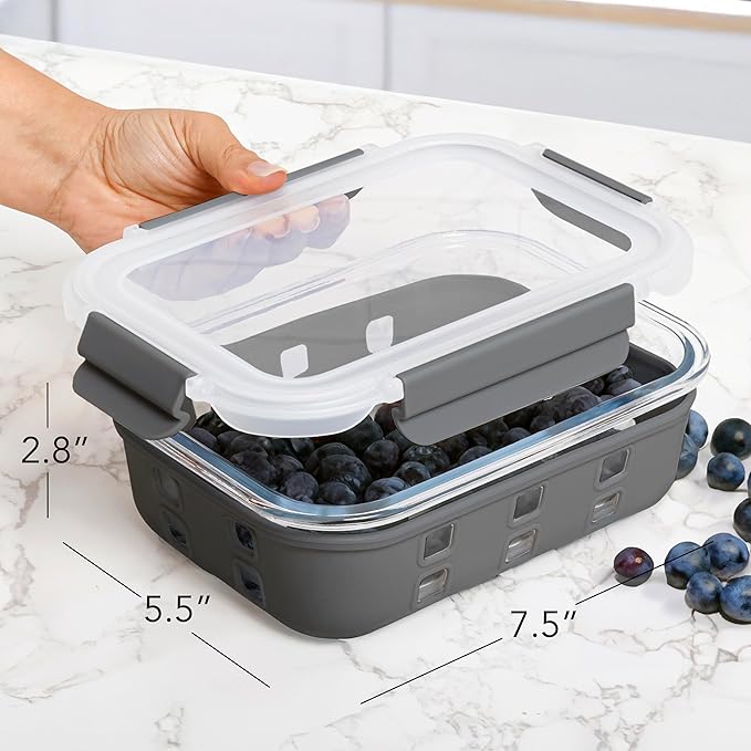 ECOBERI Glass Meal Prep Containers with Silicone Sleeves, 5 Piece 4.5 Cup Set, Borosilicate Glass Food Storage with Leak-Resistant Lids, Oven, Microwave, Freezer and Dishwasher Safe.