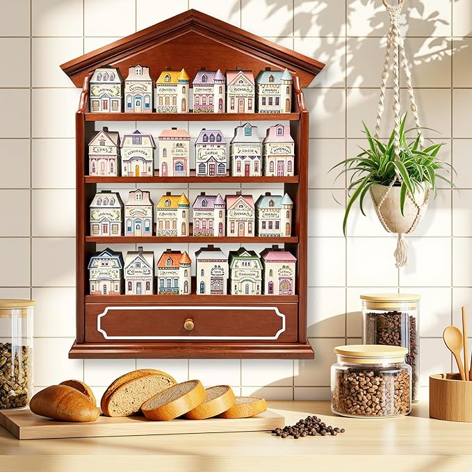 Vintage Wooden Spice Rack with Drawer and 4 Shelves, Wall Mounted Spice Village Display Shelf for Kitchen Storage, Holds 24 Jars, 22 x 17 x 4 Inches, Rack Only
