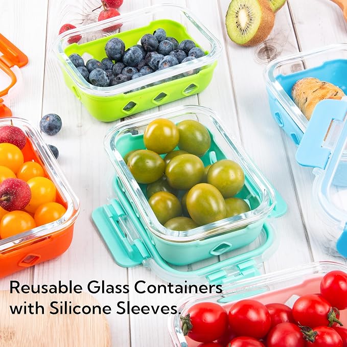 10 Pack Glass Meal Prep Containers with Removable Silicone Sleeves,Food Storage Container Set with Airtight Lids (34oz+12oz)