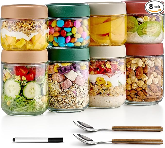 Qipecedm 8 Pack Overnight Oats Containers with Lids, Large & Small Glass Mason Jars 16oz & 10 oz, Breakfast Oatmeal Container to Go, Salad Meal Prep Jars for Food Storage, Mush Chia Seed Pudding Jars