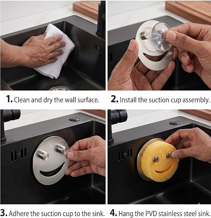 Smiley Face Sponge Holder for Kitchen Sink, 304 Stainless Steel Sink Caddy Organizer with Strong Suction Cup, Rustproof Round Sponge Rack for RV and Apartment, Silver