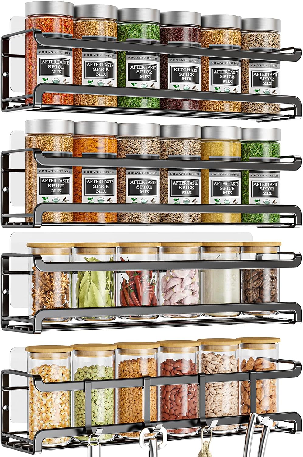 Spice Rack Wall Mounted 4 Pack, For Spice Jars & Seasonings,Black