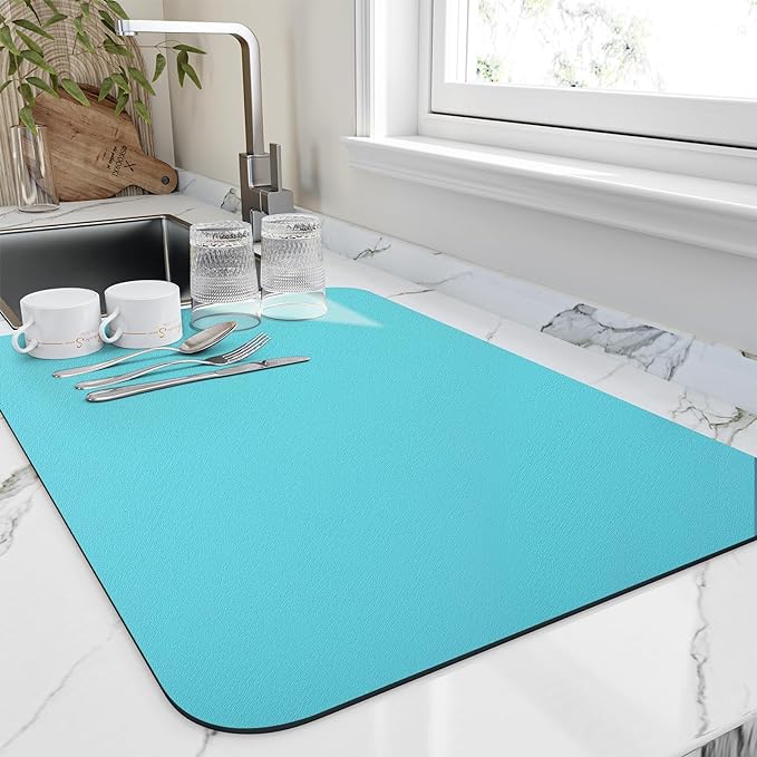 HotLive Dish Drying Mat for Kitchen Counter, Heat Resistant Drainer Mats with Non-slip Rubber Backed, Hide Stain Kitchen Super Absorbent Draining Mat, Easy to Clean Dish Rack Pad, Teal 16"x20"