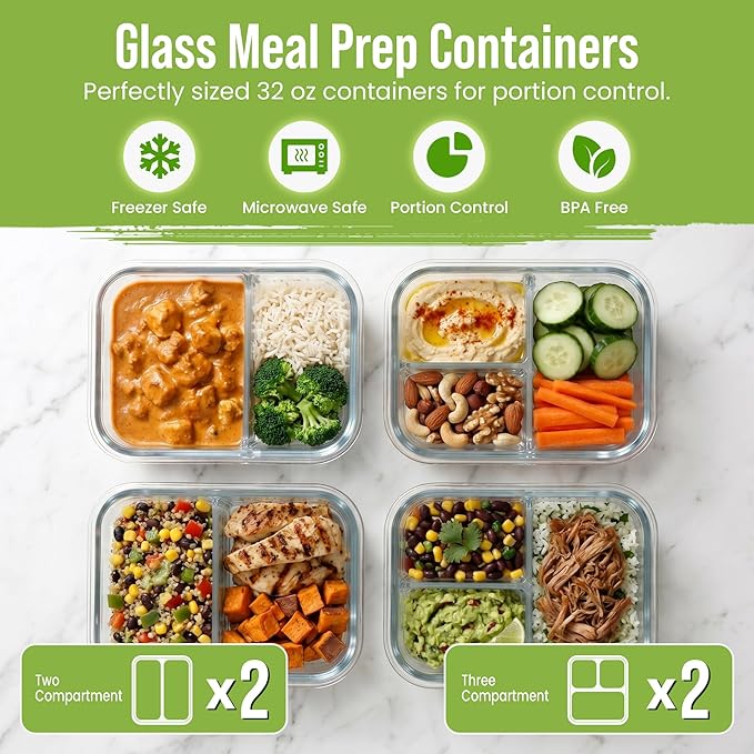FIT Strong & Healthy Glass Meal Prep Containers, 2 & 3 Compartments - Portion Control, Lunch Container Set, Food Storage, Airtight Lids, Oven & Freezer Safe, Leak-Proof Bento Box, 32 oz, Blue, 4 Pack