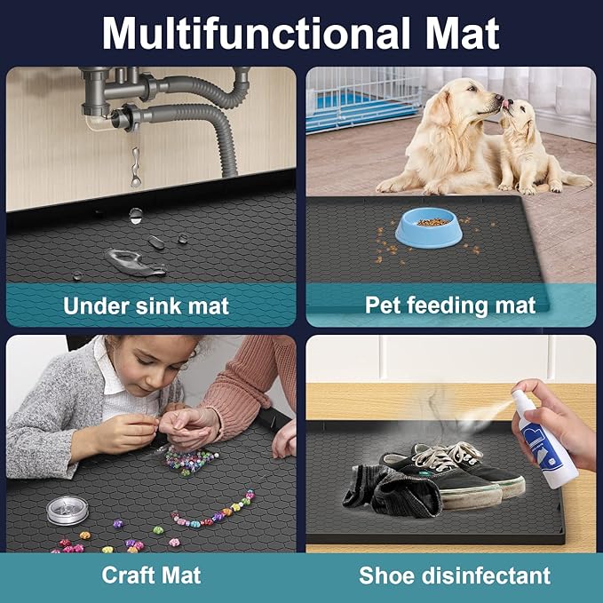 Under Sink Mat - 28" x 22" Waterproof Kitchen Cabinet Tray - Flexible Silicone Under Sink Liner - Kitchen Bathroom Cabinet Mat and Protector for Drips Leaks Spills (Black)