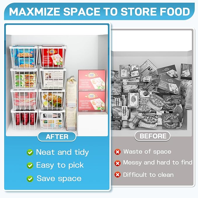 SUNALLY Freezer Organizer Bins, 4 Pack Chest Freezer Organizer Stackable for 5-7 Cu.FT Deep Freezer Sort Frozen Meats and Food, Freezer Storage Baskets with Handles Easy Reach from Bottom, White