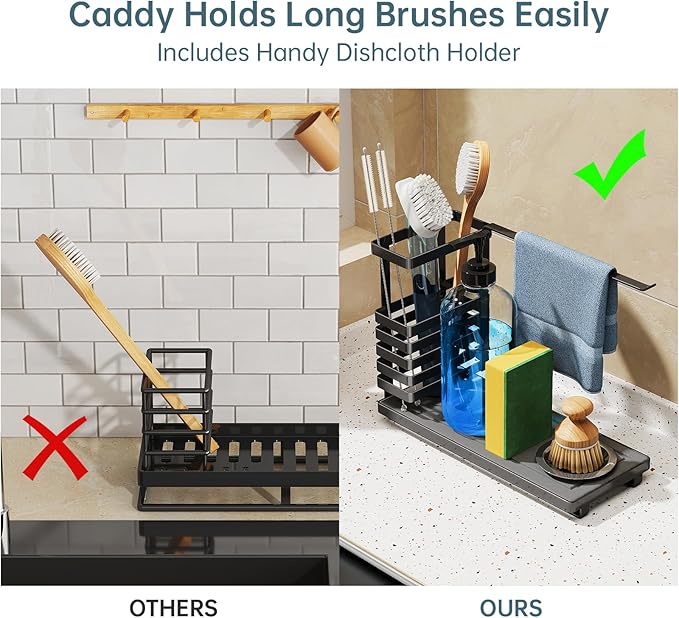 NiHome Multifunctional Kitchen Sink Caddy Organizer with Elevated Brush Holder, Quick-Drying Diatomaceous Earth Base Space-Saving Storage for Detergent Bottles, Sponges, Small Accessories
