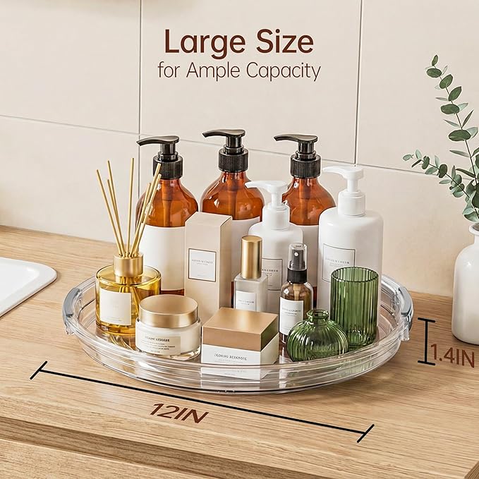 LAMU 12 Inch Lazy Susan Turntable, 360° Rotating Organizer Storage for Cabinet & Table Top, Pantry, Fridge, Bathroom, 2 Pack Clear Spice Rack, Kitchen Storage Tray for Medicine & Countertop